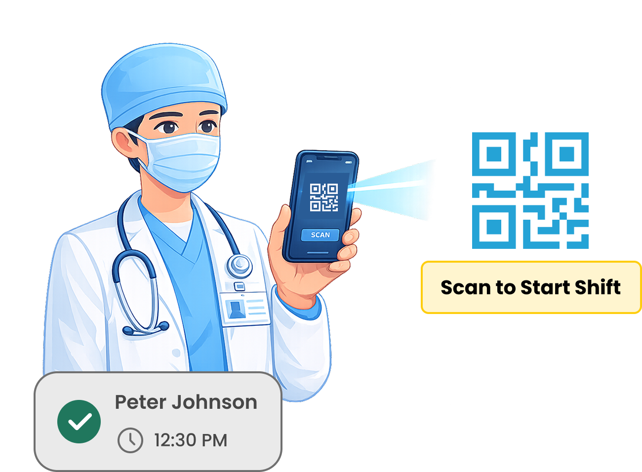 Field worker scanning a QR code with mobile phone for employee time tracking and attendance